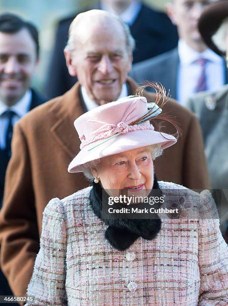 Queen Elizabeth II and Prince Philip, Duke of Edinburgh attend church at West Newton on February 2, 2014 in King's Lynn, England.