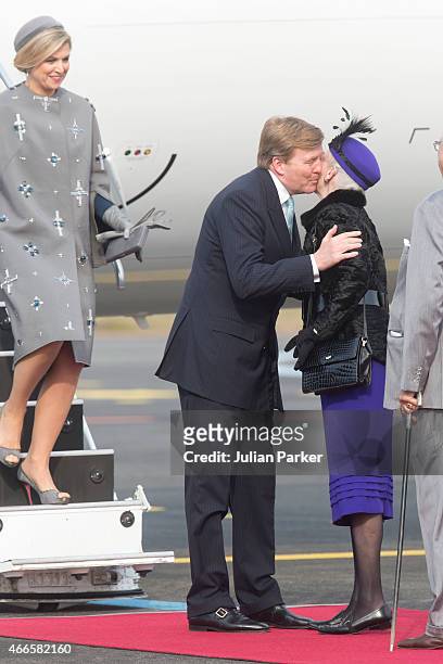 Queen Maxima of the Netherlands, and King Willem Alexander of the Netherlands greet Queen Margrethe of Denmark at Copenhagen Airport at the start of...