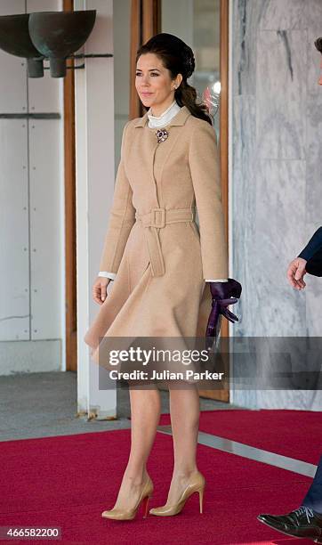 Crown Princess Mary of Denmark at Copenhagen Airport to greet the arriving Dutch King & Queen at the start of a Dutch State visit to Denmark on March...