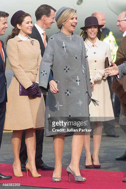 Crown Princess Mary of Denmark, Queen Maxima of the Netherlands, and Princess Marie of Denmark, at Copenhagen Airport at the start of a Dutch State...