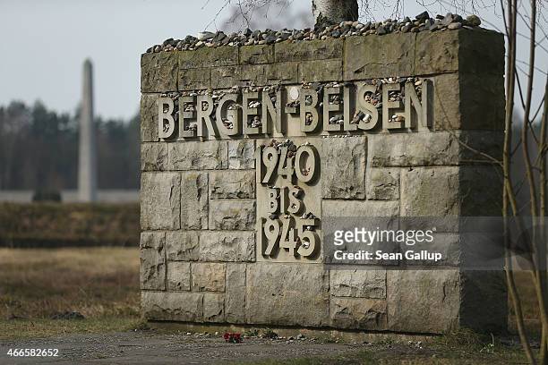 Memorial stands covered with stones left by visitors at the site of the former Bergen-Belsen concentration camp on March 17, 2015 in Lohheide,...