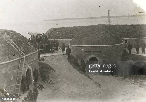 The black and white pictures Turkish General Staff has released on March 17, 2015 show fortresses built to defend dardanelles and Hamidiye, Mecidiye,...