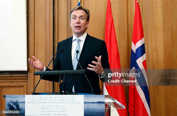 Norway's Foreign Minister Borge Brende delivers his speech during the opening of a conference concerning climate change entitled "The Arctic, the...