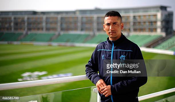 Alfonso Thomas of Somerset poses during the Somerset CCC Photocall at The County Ground on March 17, 2015 in Taunton, England.