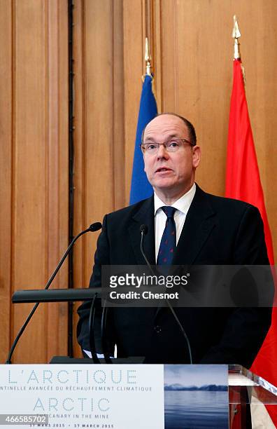 Prince Albert II of Monaco delivers his speech during the opening of a conference concerning climate change entitled "The Arctic, the canary in the...