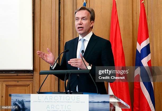 Norway's Foreign Minister Borge Brende delivers his speech during the opening of a conference concerning climate change entitled "The Arctic, the...