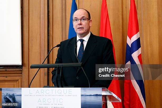 Prince Albert II of Monaco delivers his speech during the opening of a conference concerning climate change entitled "The Arctic, the canary in the...