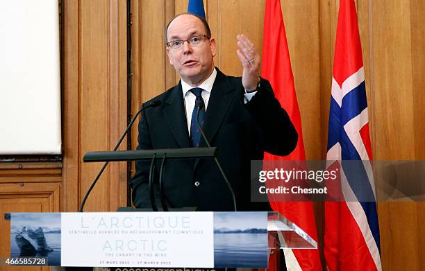 Prince Albert II of Monaco delivers his speech during the opening of a conference concerning climate change entitled "The Arctic, the canary in the...