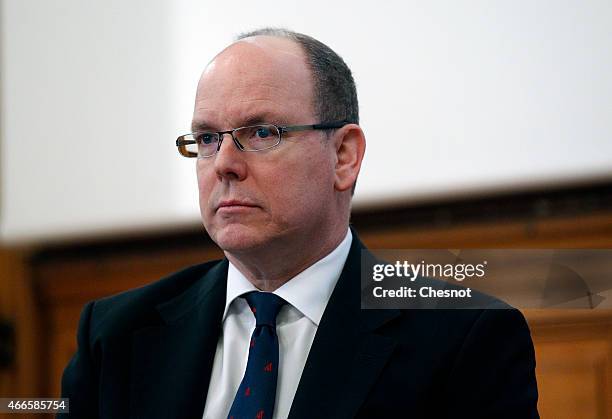 Prince Albert II of Monaco attends a conference concerning climate change entitled "The Arctic, the canary in the mine" at the Maison des Oceans on...