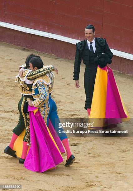 Vicente Ruiz 'El Soro' and Jose Mari Manzanares attend Spanish bullfighter Enrique Ponce performs during a bullfighting to pay homage to his 25 years...