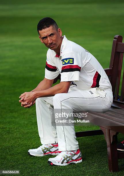 Alfonso Thomas of Somerset looks on during the Somerset CCC Photocall at The County Ground on March 17, 2015 in Taunton, England.