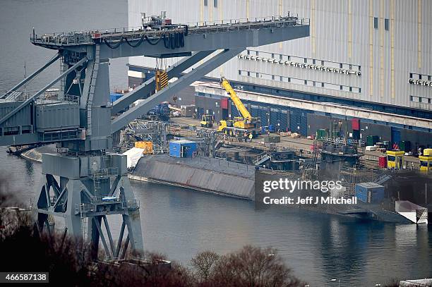 General view of Faslane submarine base on March 17, 2015 in Faslane, Scotland. The Trident weapons system is up for renewal in 2016 and is set to be...