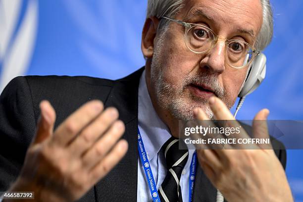 Chaiman of the United Nations Commission of Inquiry on Syria, Paulo Sergio Pinheiro gestures during a press conference on March 17, 2015 in Geneva....