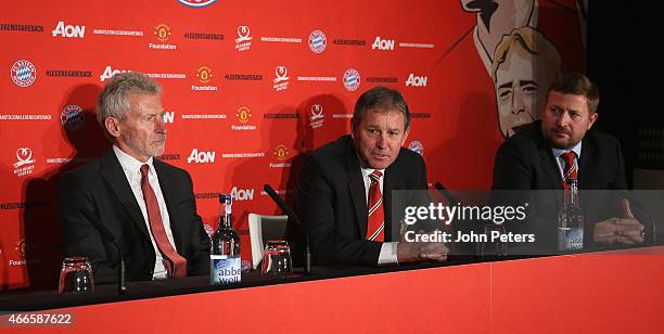 Manchester United Legend Bryan Robson and Bayern Munich Legend Paul Breitner attend a press conference to announce a charity game between Manchester...