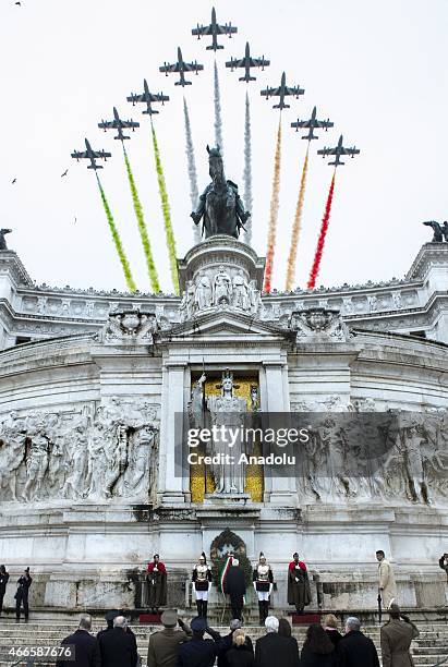 Italian President Sergio Mattarella places a wreath to the monument during a ceremony to mark the 154th anniversary of Italian unification, which was...