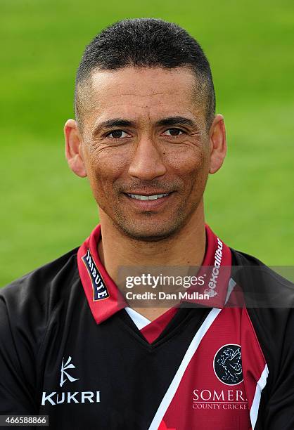 Alfonso Thomas of Somerset poses during the Somerset CCC Photocall at The County Ground on March 17, 2015 in Taunton, England.