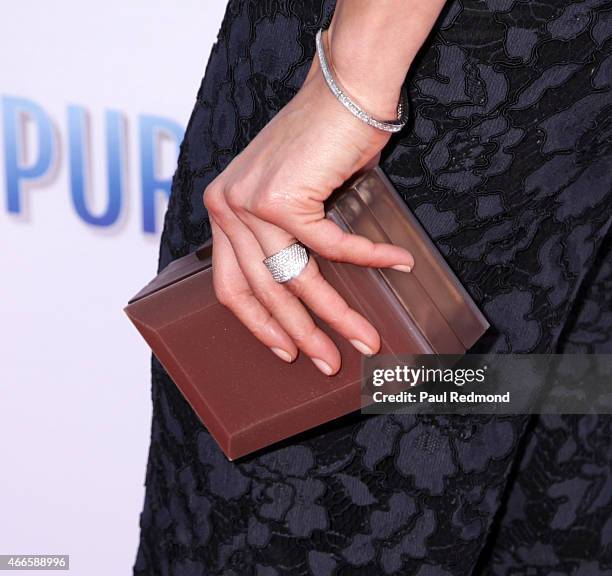 Actress Valerie Dominguez, purse detail, attends "Do You Believe?" Los Angeles Premiere at ArcLight Hollywood on March 16, 2015 in Hollywood,...