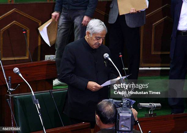 Jammu and Kashmir Chief minister Mufti Mohammed Sayed taking oath as MLA at civil secretariat on March 17, 2015 in Jammu, India.