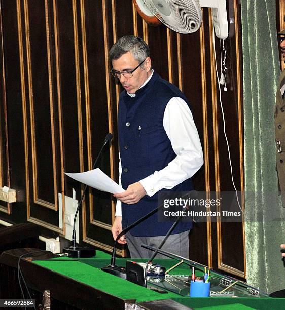 Former Chief Minister of Jammu and Kashmir Omar Abdullah taking oath as MLA at civil secretariat on March 17, 2015 in Jammu, India.