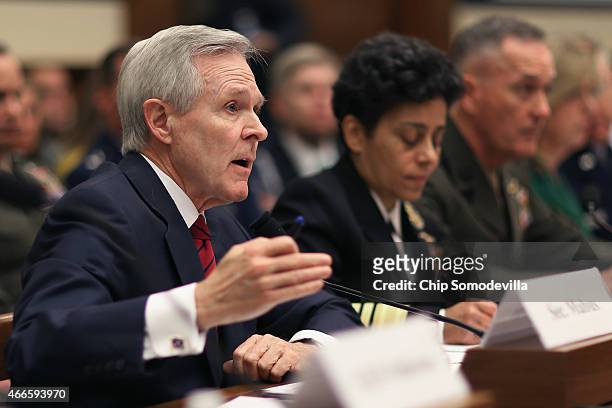 Secretary of the Navy Ray Mabus, Vice Chief of Naval Operations Adm. Michelle Howard, Commandant of the Marine Corps Gen. Joseph Dunford testify...