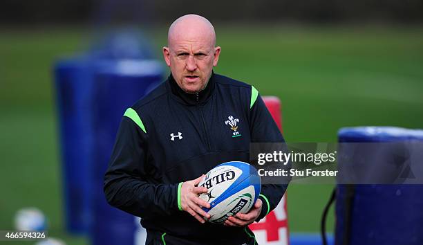 Wales defence coach Shaun Edwards looks on during Wales open session ahead of Saturday's RBS Six Nations match against Italy at the Vale Hotel on...