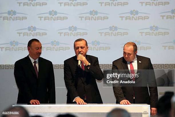 Turkey's President Recep Tayyip Erdogan , Azerbaijan's President Ilham Aliyev and Georgia's President Giorgi Margvelashvili are seen during the...