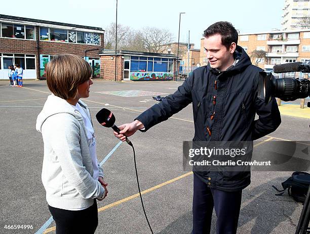 Fran Kirby chats to media during the Premier League Players Kit Scheme Launch at Allen Edward Primary School on March 17, 2015 in London, England.