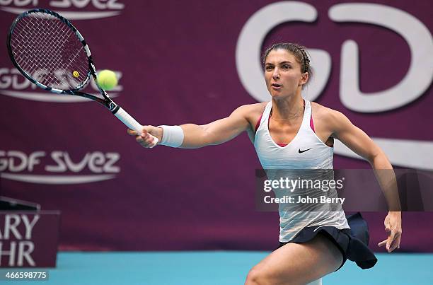 Sara Errani of Italy in action against Anastasia Pavlyuchenkova of Russia during the final of the 22nd Open GDF Suez held at the Stade de Coubertin...