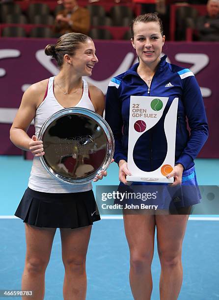 Anastasia Pavlyuchenkova of Russia poses with the trophy after defeating Sara Errani of Italy in the final during the 22nd Open GDF Suez held at the...