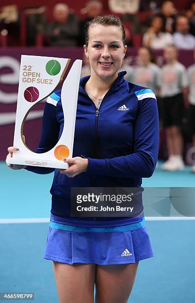 Anastasia Pavlyuchenkova of Russia poses with the trophy after defeating Sara Errani of Italy in the final during the 22nd Open GDF Suez held at the...