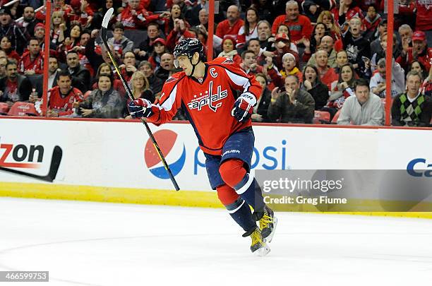 Alex Ovechkin of the Washington Capitals celebrates after scoring the game winning goal in overtime against the Detroit Red Wings at Verizon Center...