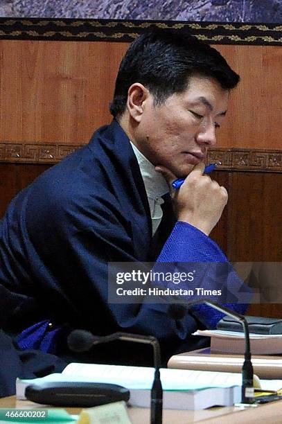 Tibetan Prime Minister in-exile, Lobsang Sangay attending the 9th session of the 15th Tibetan Parliament-in-Exile on March 17, 2015 in Dharamsala,...