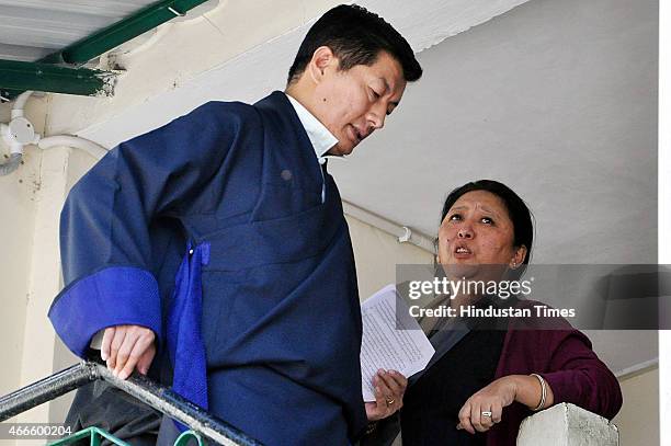 Tibetan Prime Minister in-exile, Lobsang Sangay and Home minister of Tibetan Parliament in-exile, Dolma Gyari talking together before start the 9th...