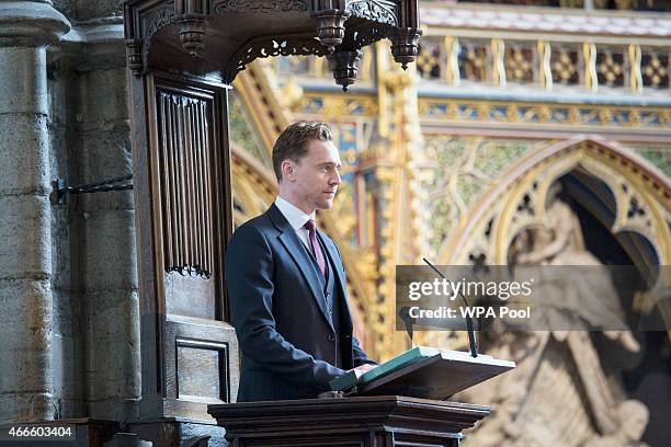 British actor Tom Hiddleston speaks at a service of thanksgiving for the life and work of Lord Attenborough CBE at Westminster Abbey on March 17,...