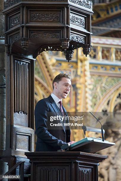 British actor Tom Hiddleston speaks at a service of thanksgiving for the life and work of Lord Attenborough CBE at Westminster Abbey on March 17,...