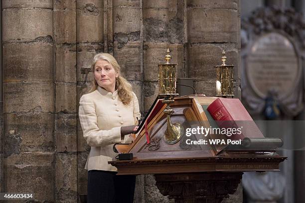 British actress Geraldine James attends a service of thanksgiving for the life and work of Lord Attenborough CBE at Westminster Abbey on March 17,...