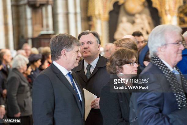 British shadow chancellor Ed Balls attend a service of thanksgiving for the life and work of Lord Attenborough CBE at Westminster Abbey on March 17,...