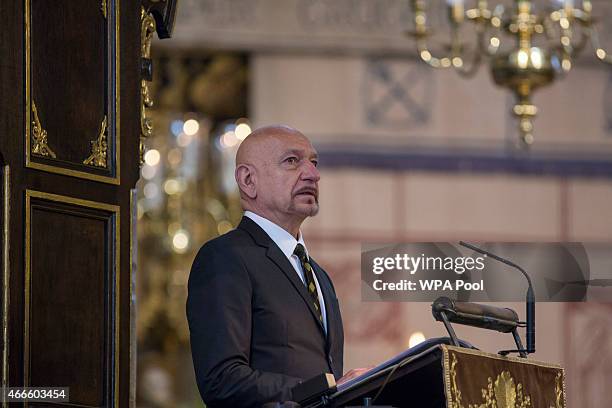 British actor Sir Ben Kingsley speaks at a service of thanksgiving for the life and work of Lord Attenborough CBE at Westminster Abbey on March 17,...