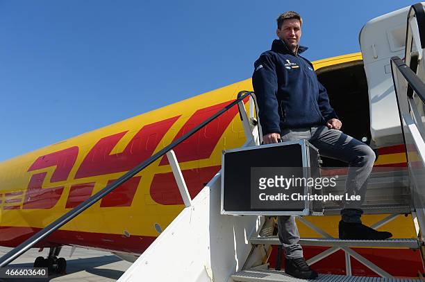 Ambassador Ronan O'Gara arrives in Bucharest with the Webb Ellis Cup during the Rugby World Cup Trophy Tour in partnership with Land Rover and DHL...