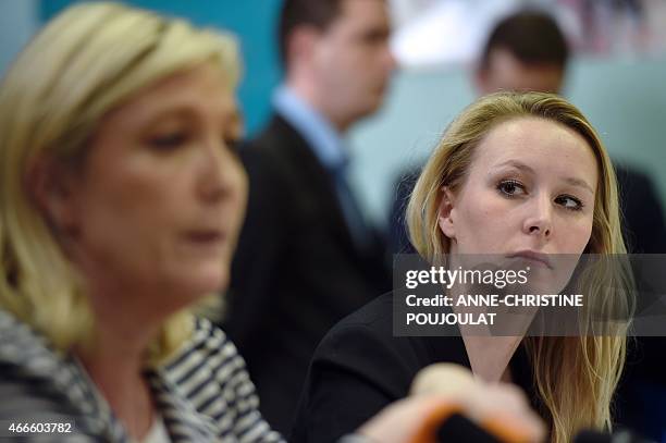 France's far-right National Front party MP Marion Marechal Le Pen gives a press conference with the party's leader Marine Le Pen on March 17, 2015 in...