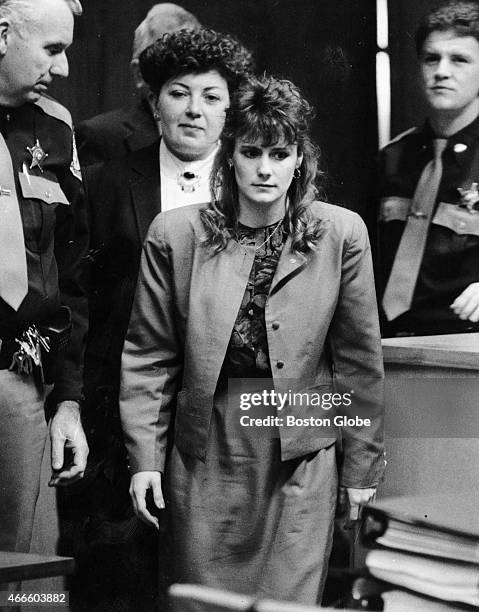 Pamela Smart is escorted back into the courtroom after using the judge's lobby toilet during a recess in her trial at the Rockingham County Superior...