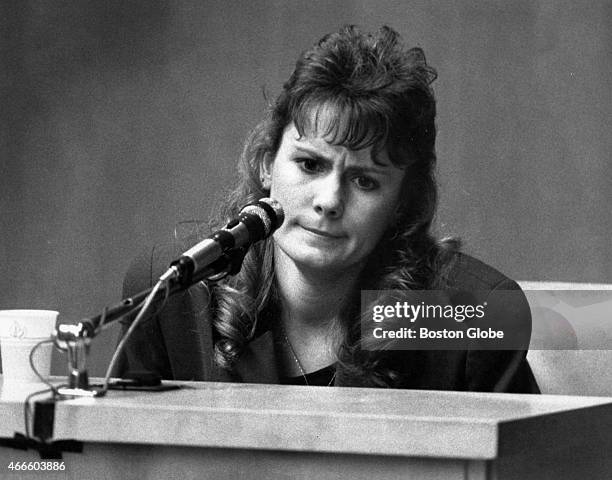 Pamela Smart takes the stand at the Rockingham County Superior Court in Exeter, N.H. On March 19, 1991. Smart is being tried on charges of being an...