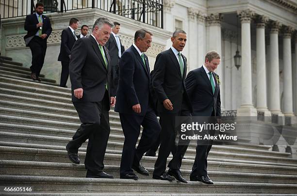 Speaker of the House John Boehner, U.S. President Barack Obama and Irish Prime Minister, or Taoiseach, Enda Kenny walk down the steps of the House of...