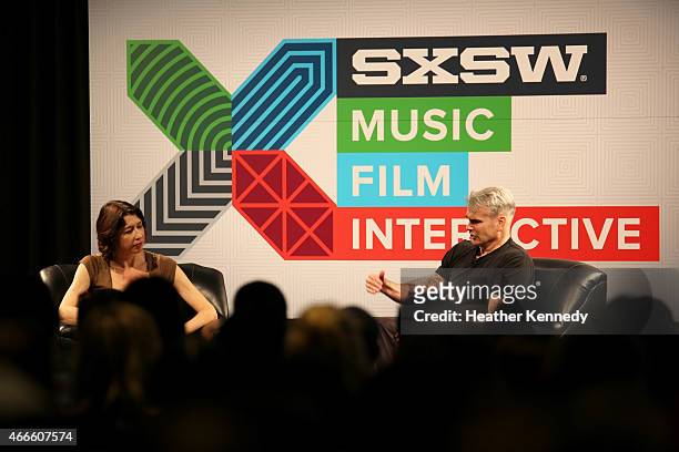 Dana Harris, Editor in Chief/General Manager of Indiewire and musician Henry Rollins speak onstage at 'A Conversation With Henry Rollins' during the...