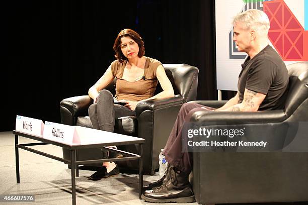 Dana Harris, Editor in Chief/General Manager of Indiewire and musician Henry Rollins speak onstage at 'A Conversation With Henry Rollins' during the...