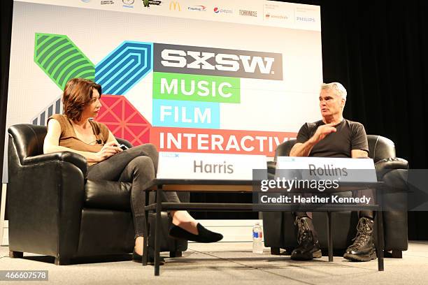 Dana Harris, Editor in Chief/General Manager of Indiewire and musician Henry Rollins speak onstage at 'A Conversation With Henry Rollins' during the...