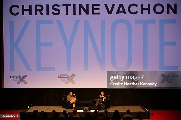 Scott Foundas, Chief Film Critic at Variety and Christine Vachon, Executive Producer of Killer Films speak onstage at the 'Christine Vachon Keynote'...