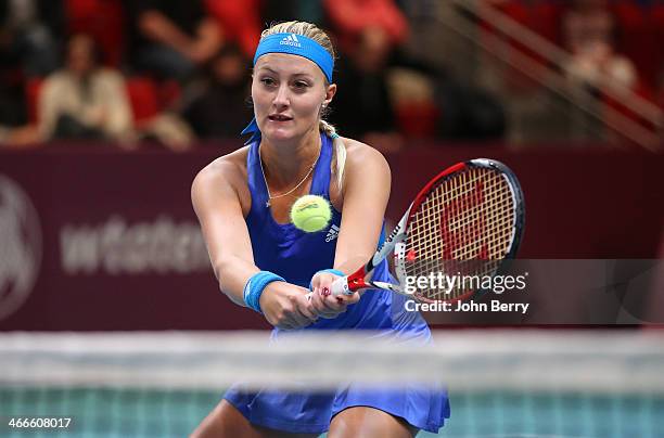 Kristina Mladenovic of France in action during the doubles final of the 22nd Open GDF Suez held at the Stade de Coubertin on February 2, 2014 in...