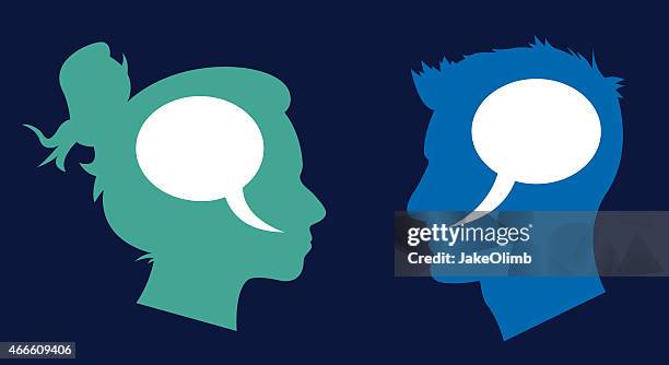 stockillustraties, clipart, cartoons en iconen met man and woman profile speech bubbles - huwelijksreis