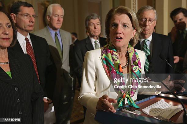 Sen. Shelley Moore Capito talks to reporters about a sex trafficking bill that has stalled in the Senate with Sen. Deb Fischer , Sen. John Barrasso ,...